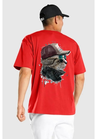 Pilot Çeketli Deri Şapkalı Cool Kedi Kırmızı Oversize Unisex Ön Ve Sırt Baskılı Tişört Kırmızı
