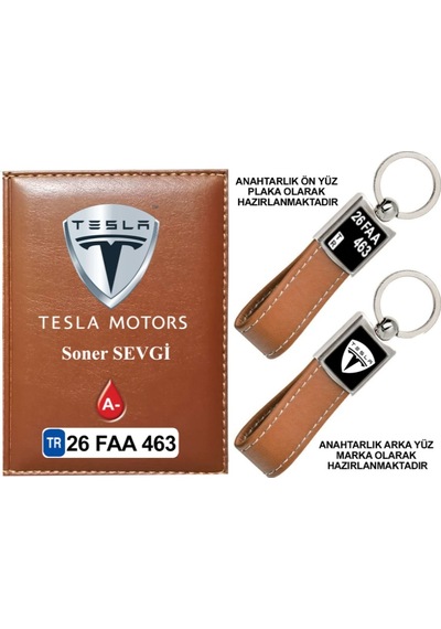 Plakanıza Özel Tesla Logolu Taba Ruhsat Kabı Ve Anahtarlık