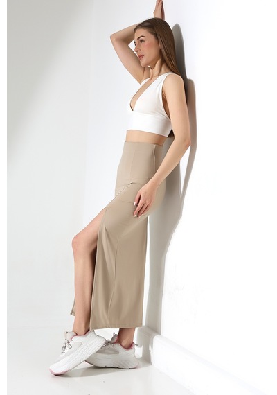 Winmoda34 Kadın Önden Derin Yırtmaçlı Dalgıç Etek Full Likralı Maxi Boy 92 Cm Bej