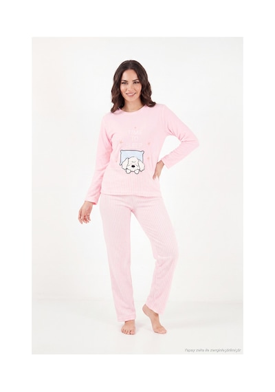 Lela Çizgili Yumuşak Kışlık Polar Pijama Takımı Kadın Pijama Takımı 6575030 Pembe