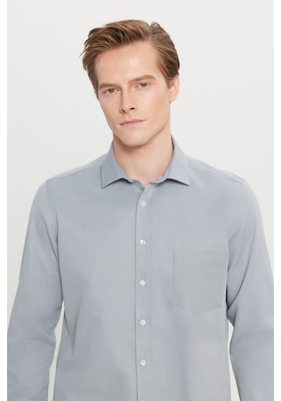 AC&Co / Altınyıldız Classics Erkek Grı Pamuklu Tailored Slim Fit Dar Kesim Klasik Yaka Armürlü Cepli Gömlek Gri