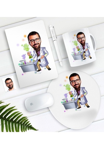 Kişiye Özel Bay Kimya Öğretmeni Karikatürlü Defter Kalem Kupa Mouse Pad Seti-2