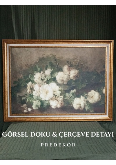 Gold Çerçeveli Vintage Dekoratif Beyaz Gül Tablo 60x80 Cm