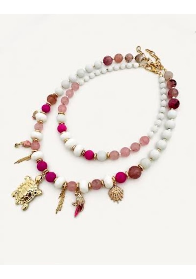 El Yapımı Beyaz Oniks, Beyaz Yeşim, Fuşya Yeşim & Pembe Kuvars Doğal Taşlı Kolye Seti Pembe - Mor - Beyaz