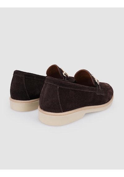 %100 Hakiki Deri Kahverengi Süet Kadın Loafer Kahverengi