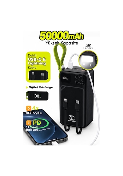 7go Gpw-13 50000 Mah 22,5w Hızlı Şarj Powerbank, Dahili Type-c Ve Lightning Kablolu, Dijital Ekranlı Siyah