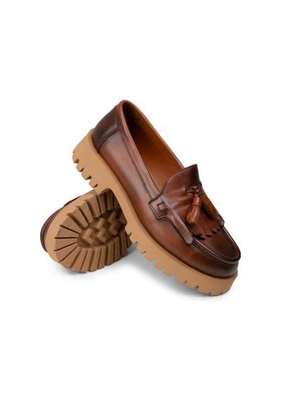 Deery Kadın Hakiki Deri Taba Renkli Püsküllü Loafer - 02033ztbac02