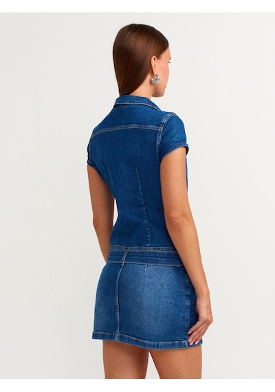 Dilvin Düğmeli Denim Mini Elbise Mavi