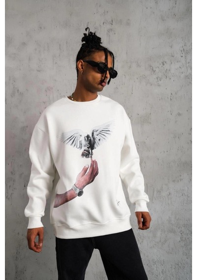Ertaştrendstore Erkek Güvercin Baskılı 3 İplik Pamuklu Bisiklet Yaka Sweatshirt - Beyaz Çok Renk