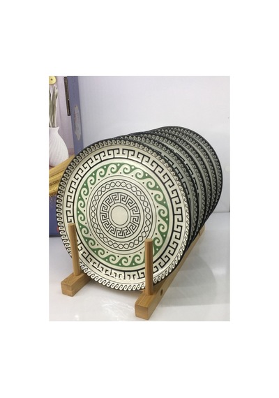 6lı Yeşil Siyah Desenli Seramik Servis Sunum Tabağı Seti - 26cm