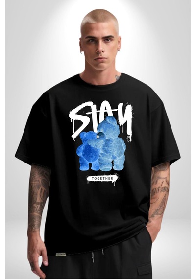 Birlikte Kal Pamuklu Bisiklet Yaka Unisex Oversize Boyfriend Dijital Baskılı Siyah T-shirt Siyah