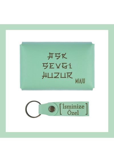 Miaju Açık Yeşil, Aşk Sevgi Huzur Yazılı İsme Özel, Cüzdan Ve Anahtarlık Set, Kendine, Arkadaşına Hediye Açık Yeşil