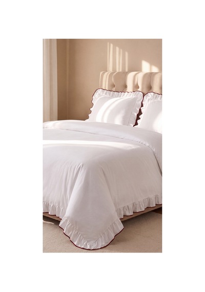%100 Pamuk Overloklu Fırfırlı Çift Kişilik Nevresim Takımı Lastikli Çarşaflı 200x220 Cm Bordo - 904804703 Bordo