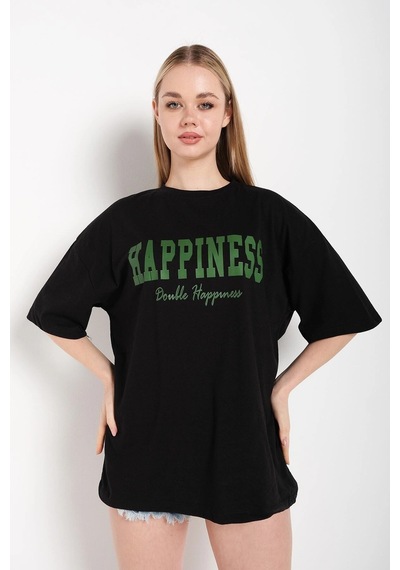 Startmore Kadın Siyah Happıness Baskılı Oversize Tshirt Siyah