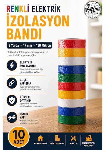 Finish 10 Adet Farklı Renklerde Elektrik İzolasyon Bandı