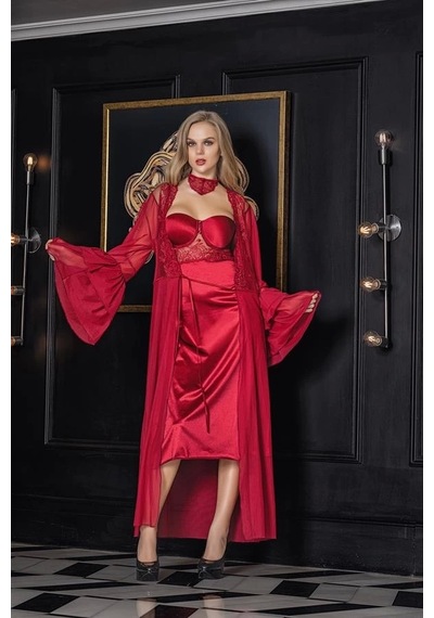 Saklımoda Transparan Maxi Boy Sabahlık Bordo 11650 Bordo