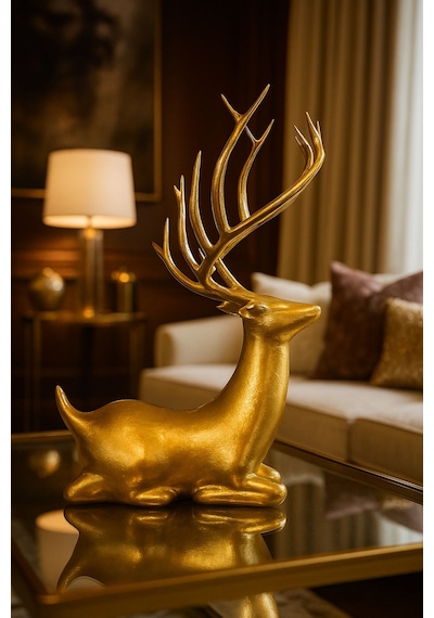 Büyük Boy 20x18cm Gold Dekoratif Hediyelik Geyik Figürü