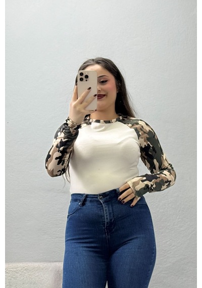 Belendir Kadın Kamuflaj Desenli Body Taş Bej