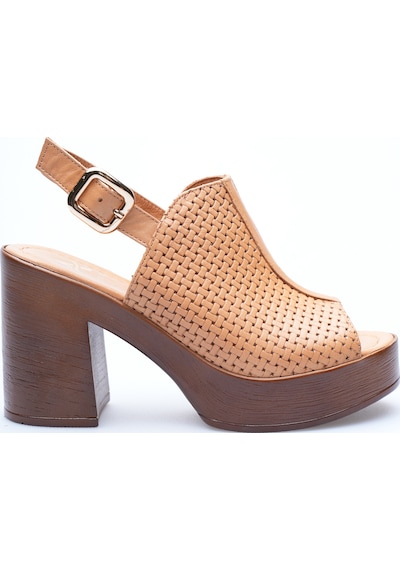 Analin Shoes Kadın Hakiki Deri Platform Topuklu Tokalı Sandalet Taba