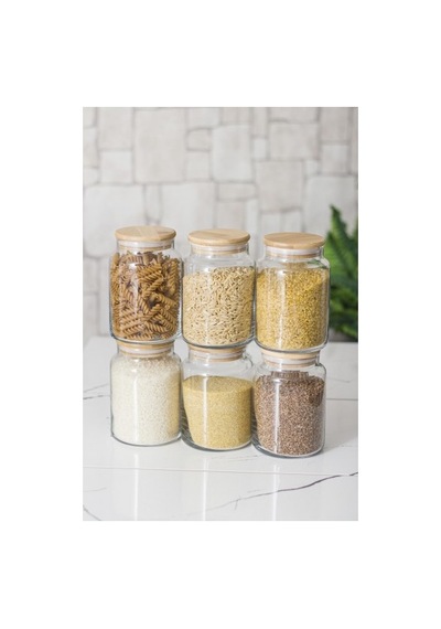 6 Lı Set Bambu Kapaklı Cam Kavanoz & Erzak Saklama Kabı 800 Ml Orta Boy Vakum Kapak Düz Renkli