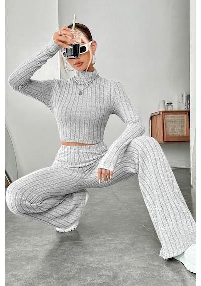 Epilons Zenviaatt2 Kadın Gri Çizgili Boğazlı Crop Top Ve Yüksek Bel Pantolon Takım Zenvi312