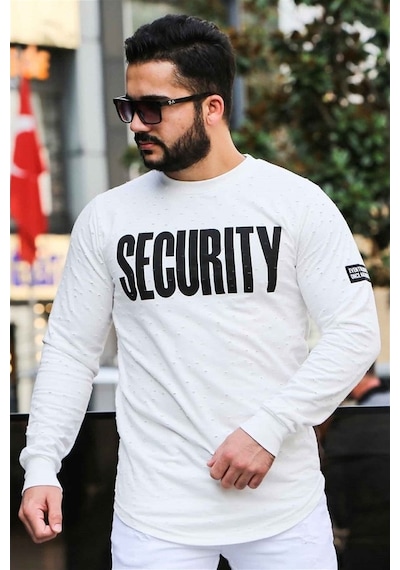 Madmext Beyaz Yırtık Detaylı Baskılı Sweatshirt 4126 Beyaz