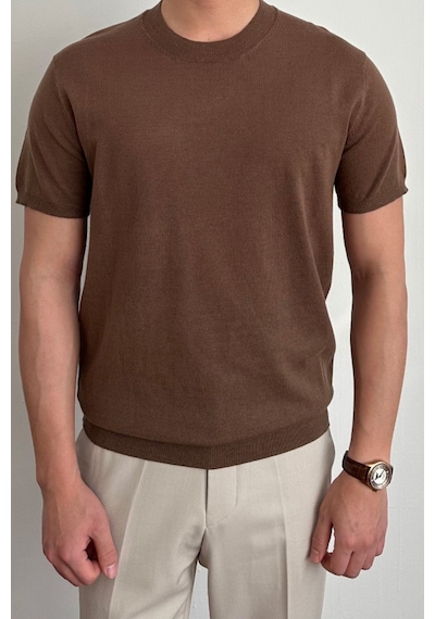 Tarz Cool Erkek Slim Fit Bisiklet Yaka Triko T-shirt Kahverengi