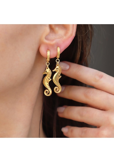 Deniz Atı Gold Gümüş Küpe Gümüş