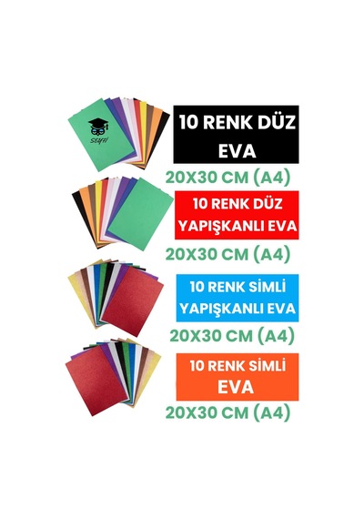 40'lı Eva Seti A4 20 X 30 Cm Düz Eva Yapışkanlı Eva Simli Eva Yapışkanlı Simli Eva Kağıdı