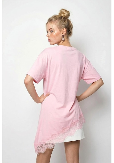 Shade Kadın Dantel Detaylı Asimetrik Kesim Kısa Kollu T-shirt 1078 60286069 - Pembe