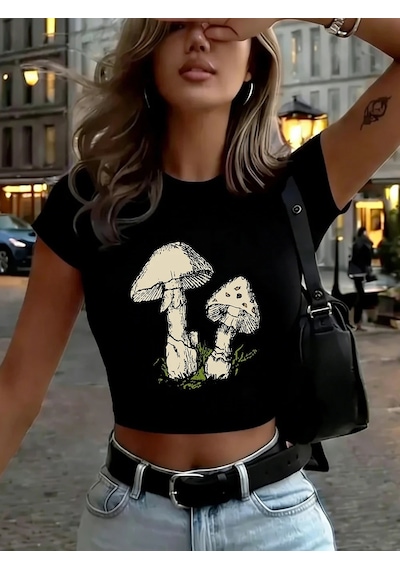 Tarzsokak Sevimli Mantar Baskılar Kadın Kırpma T-shirt Yaz Yumuşak Yüksek Elastik Üstler O-boyun Kısa K Siyah