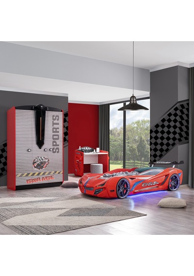 Setaymobilya Sports Çocuk Odası -Mercedes Arabalı Yatak, Dolap, Masa - Kırmızı