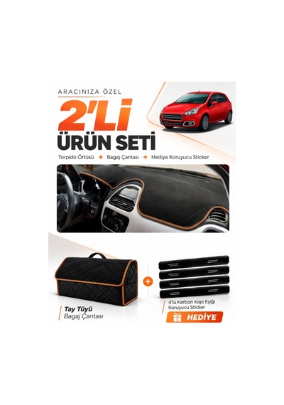 Fıat Punto Evo 2015-2021 Uyumlu Torpido Örtüsü + Tay Tüyü Çanta + Sticker - Siyah Kahverengi