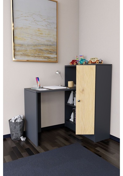 Drithe Modern Dolaplı Kitaplıklı Çalışma Masası Antrasit-çam Antrasit - Çam