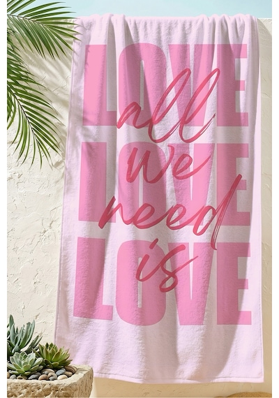 Love Yazılı Pembe Plaj Havlusu - Modern Tipografik Pastel Renk Hızlı Kuruyan Mikrofiber Havlu Sedef Lavanta