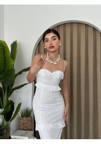 Defymoda Lere Ip Askılı Elbise Beyaz