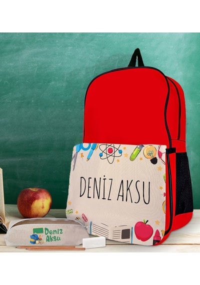 Bk Gift Kişiye Özel İsimli Kırmızı Okul Çantası Ve Kalemlik Hediye Seti-4