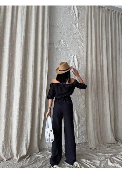 Defymoda Keten Madonna Yaka Kol Hasır Şerit - Pantolon Takım - Siyah Siyah