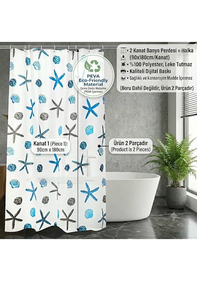 Çift Kanatlı Banyo Perdesi, Desenli Duş Perdesi, Küvet Perdesi, Halkalı 2 Adet 90x180 Cm Çok Renkli
