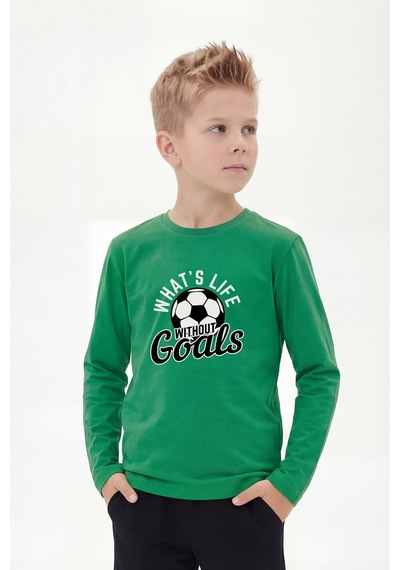 Panios Kids Yuvarlak Yaka Uzun Kollu Baskı Detaylı Erkek Çocuk Sweatshirt Yeşil