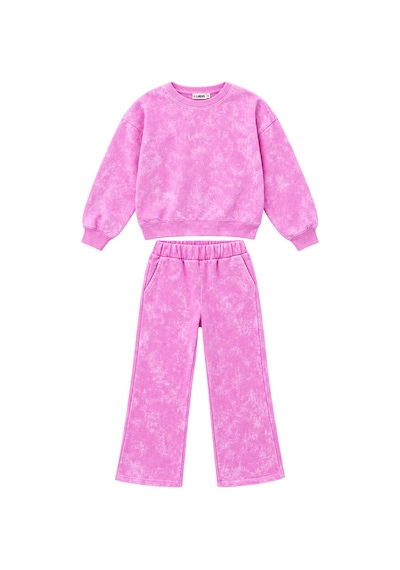 Luess Kız Çocuk Pembe Batik Yıkamalı Sweatshirt Boru Paça Eşofman Altı 2'li Takım