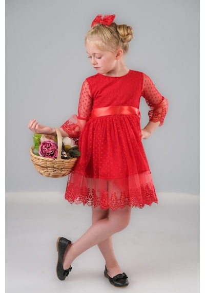 Mnk Baby & Kids Dream Luxury Dantel Kız Çocuk Elbise Mnk0327 Kırmızı