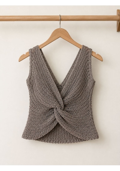 Neden Tekstil Twist Knot Detaylı Premium Kadın Triko Bluz V Yaka Örgü Dokulu Şık Crop Tasarım - Bej