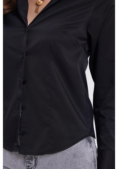Tudors Kadın Slim Fit Dar Kesim Klasik Yaka Uzun Kollu Siyah Gömlek-40350 Siyah