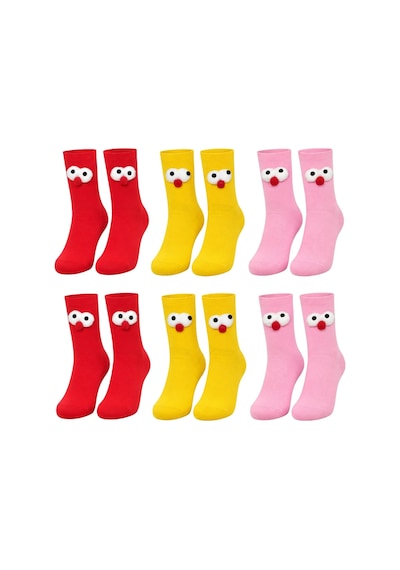 Genel Kutulu 3d Gözlü Ponponlu Soket Çorap 6'lı Set Kırmızı Sarı Pembe Ren Çok Renkli / 36-44 / 6 Adet Çok  Renkli