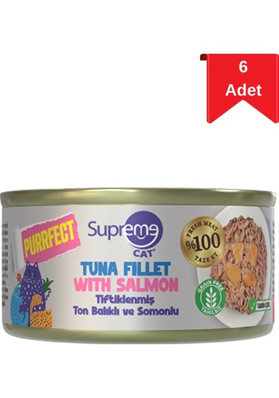 Supreme Cat Tiftiklenmiş Ton Balığı Ve Somonlu Yetişkin Konserve Kedi Maması 70 Gr X 6 Adet