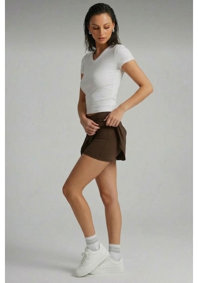 Soft&Basic Kadın Curve Büyük Beden Scuba Kumaş Sporcu Taytlı Şort Etek - Tenis Eteği Kahverengi