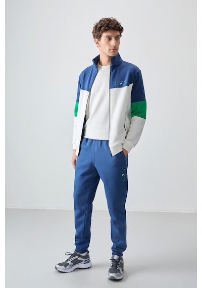 Tommy Life Ekru - İndigo Dik Yaka Renk Geçişli İçi Polarlı Erkek Eşofman Takımı - 85186 Ekru