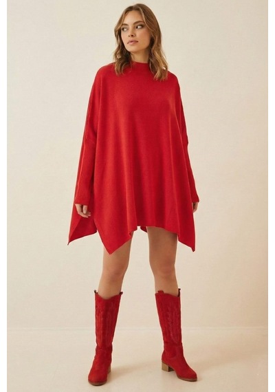 Onno Style Women Düz Triko Standart Panço Kırmızı
