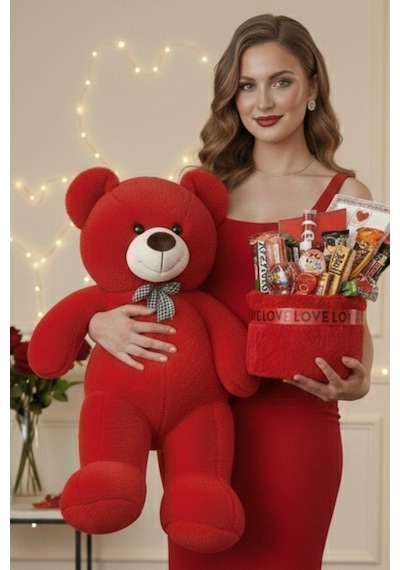 Kadınlar Günü Özel: 90 Cm Peluş Ayı Kırmızı Love Yazılı Tatlı Çikolata Sepeti Sevgiliye Hediye